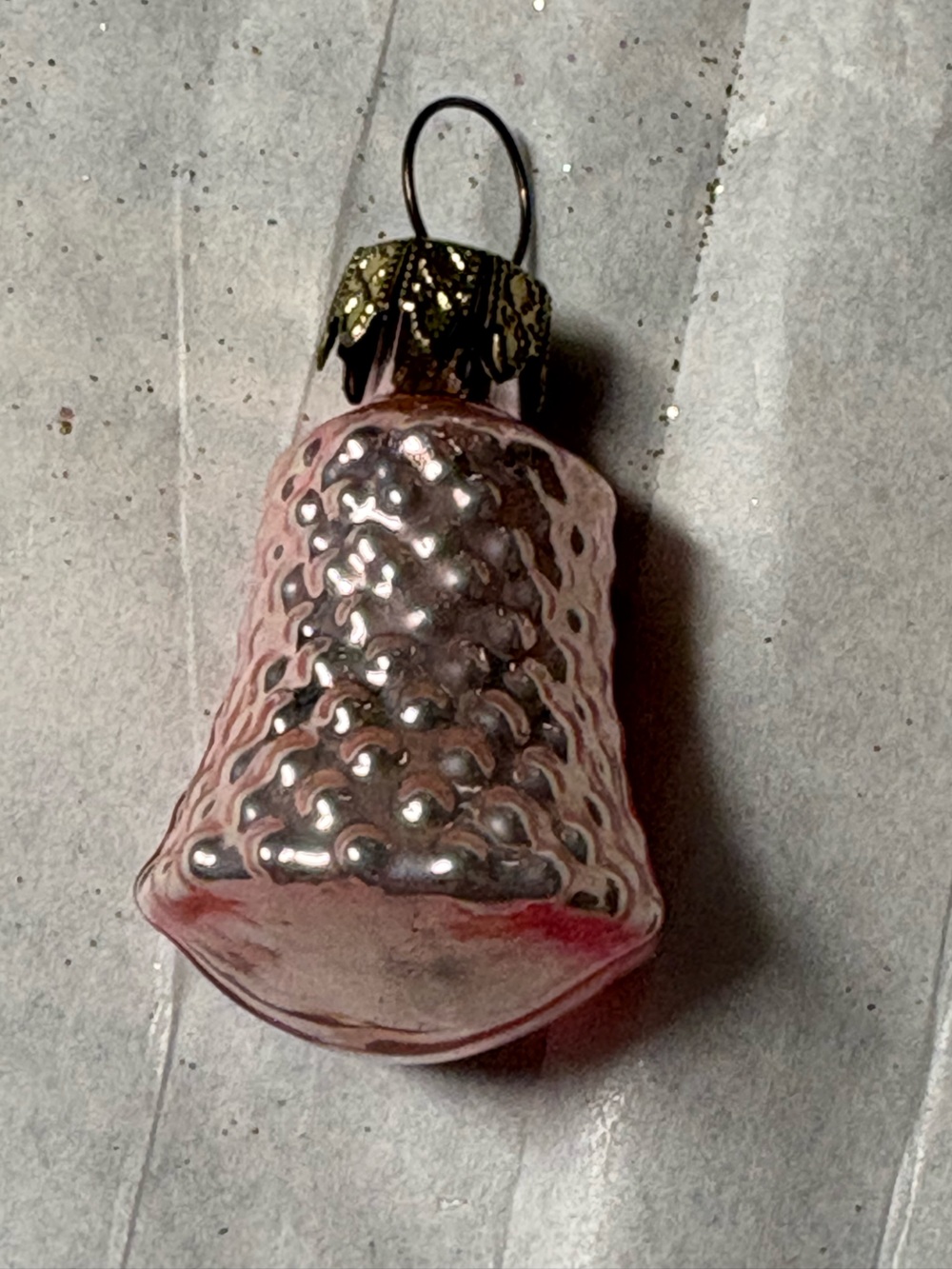 Vintage Small Pink Glass Bell Ornament With Textured Pattern